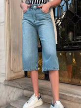High Waist Denim Shorts with Pockets Dusty Blue OutfitFlow